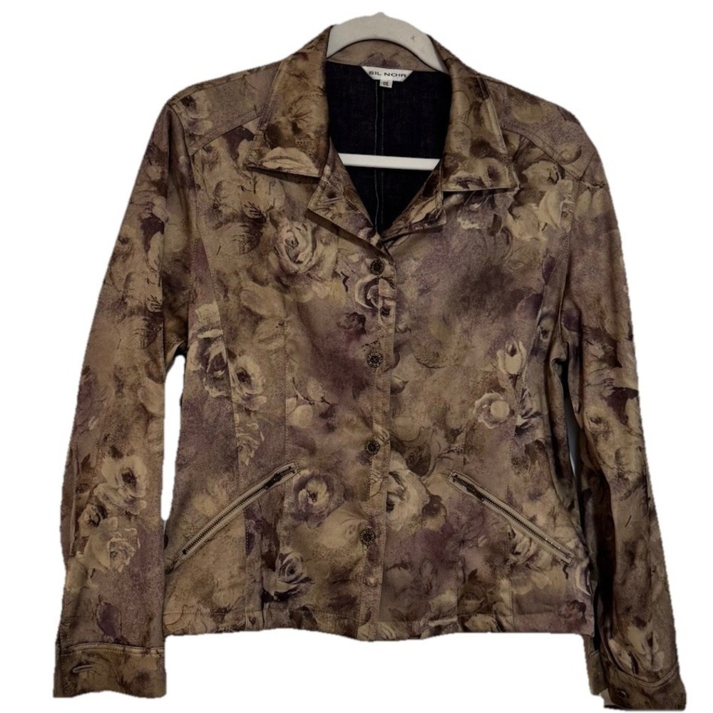 Sil Noir Women's Floral‎ Print Jacket 11R Beige Brown Button Front Stretch